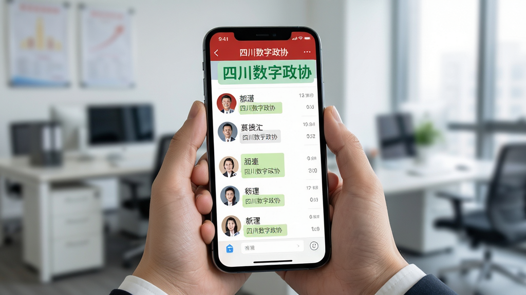 双手持手机展示“四川数字政协”的消息通讯界面,聊天列表中有头像和姓名,顶部显示“安全加密”标识,背景为虚化的办公室场景,画面以手机屏幕为焦点,风格商务简洁,细节清晰,画质高清,干净无干扰元素