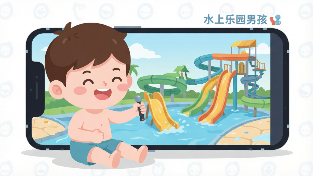 一个卡通男孩坐在手机屏幕前开心地玩水上乐园游戏,手机屏幕上显示水上滑道画面,旁边有