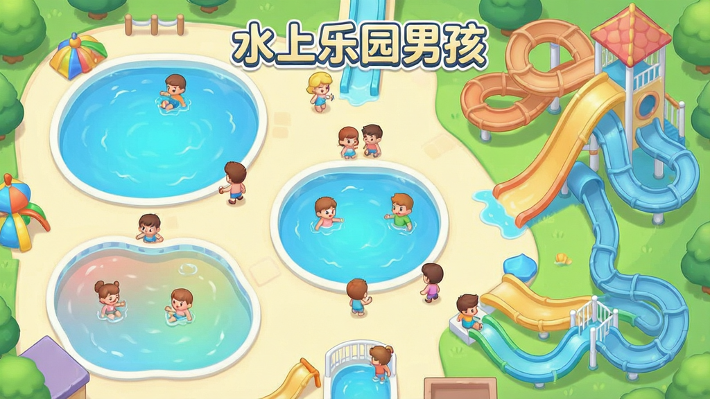 一张俯视视角的卡通水上乐园地图,包含多个不同颜色的水池和滑道,有小人角色在乐园中走动,画面中带有