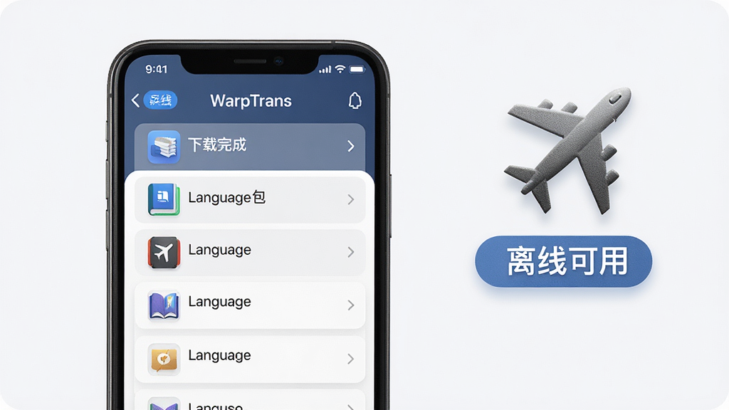 为 WarpTrans 离线翻译功能绘制示意图,画面中一部手机屏幕显示下载完成的语言包列表,旁边有一个飞机图标和