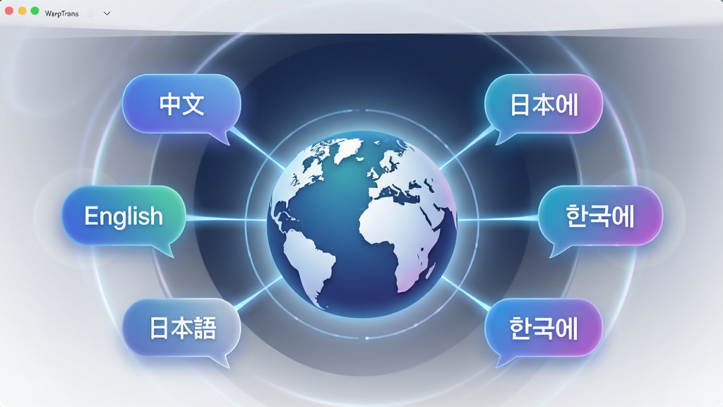 为 WarpTrans 软件设计一张功能展示图,画面以地球仪为中心,周围连接着写有