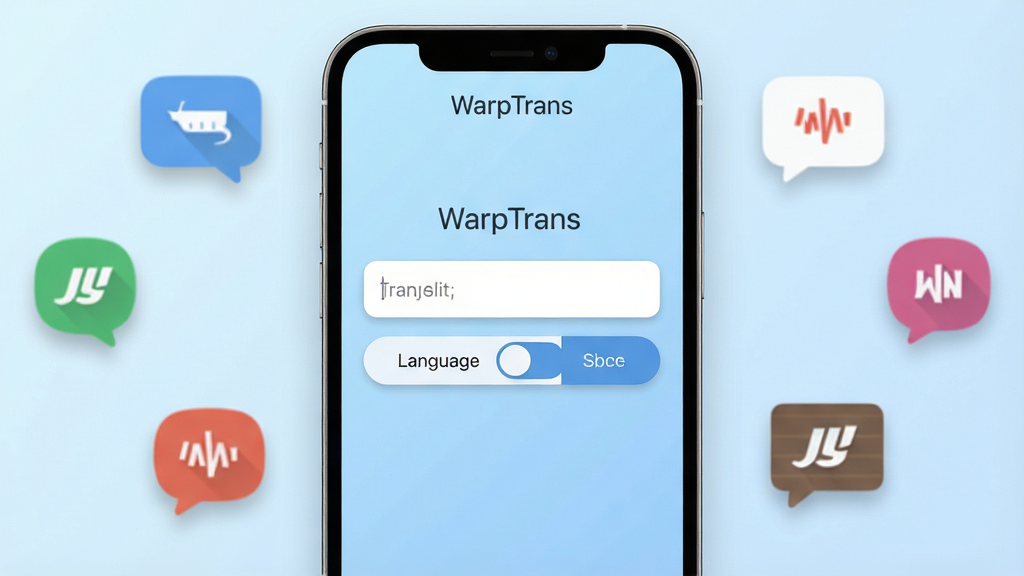 一张展示 WarpTrans 软件主界面的手机屏幕渲染图,画面中央是简洁的翻译输入框与语言切换按钮,背景为浅蓝色渐变,四周环绕着多语言气泡图标,主体突出,布局居中,排版干净,风格现代扁平化,细节包含微妙的阴影与圆角,画质高清,干净,无多余元素