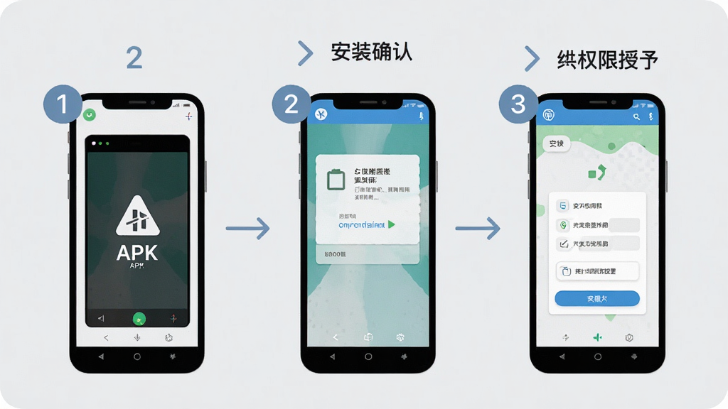 一张展示是音软件安装与权限设置流程的示意图,画面以手机屏幕为载体,依次展示下载APK、安装确认、权限授予三个步骤,每个步骤用数字标注,背景为浅灰色,风格简洁明快,画质清晰,干净,无多余元素