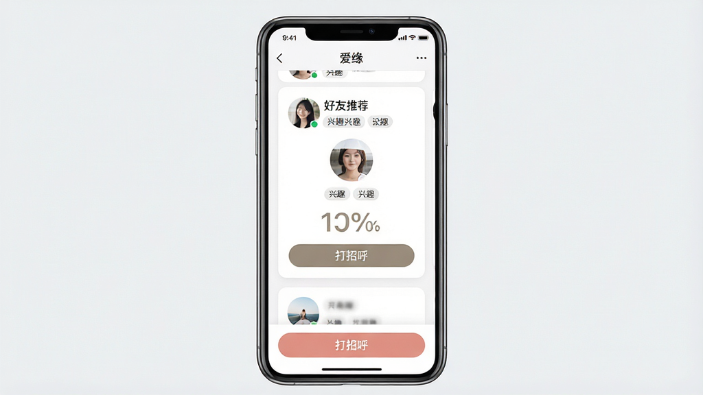 一张社交软件匹配功能展示图,画面主体是手机屏幕上的“爱缘”好友推荐页面,布局为顶部标题栏、中间用户卡片、底部操作按钮,排版整齐,风格清新现代,细节包括用户头像、兴趣标签、匹配度百分比和打招呼按钮,画质高清,画面干净,无多余元素