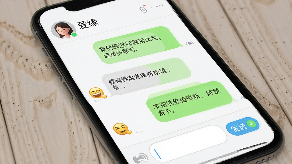 一张“爱缘”聊天界面展示图,画面为手机屏幕上的聊天对话窗口,布局为顶部联系人名称、中间聊天气泡、底部输入框,排版清晰,风格简洁明快,细节包括文字气泡、表情图标、发送按钮和在线状态提示,画质高清,画面干净,无多余元素