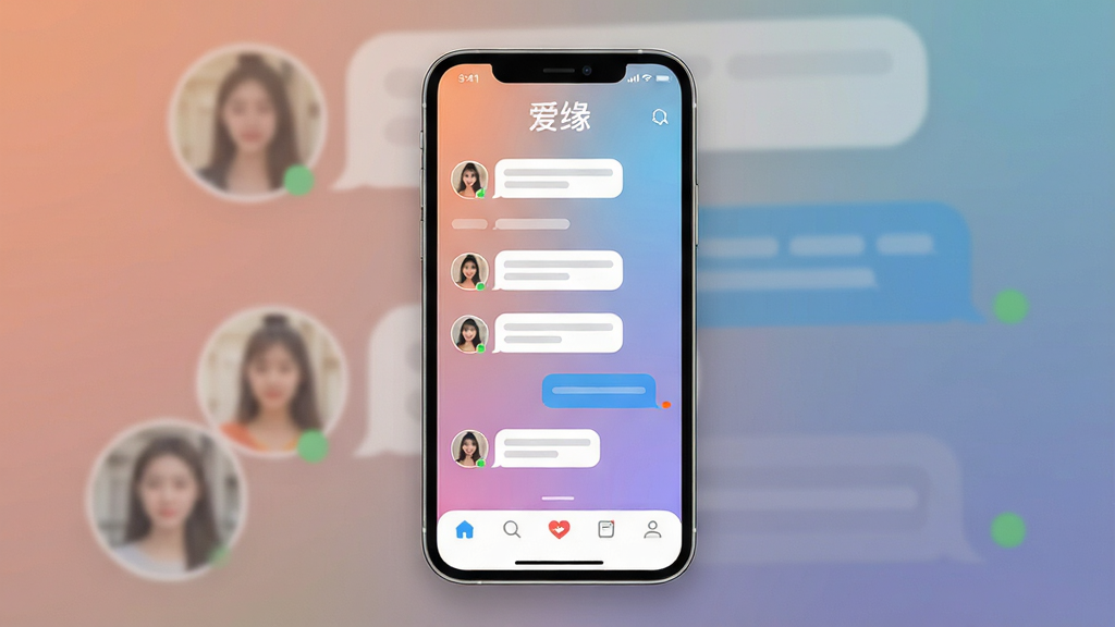 一张手机社交软件界面展示图,画面中央是一部竖屏智能手机,屏幕上显示着一款名为“爱缘”的交友聊天应用主界面,界面顶部有“爱缘”文字标识,中间是用户头像列表和聊天气泡,底部有导航栏按钮,整体布局简洁清晰,排版为居中构图,风格为现代扁平化UI设计,细节包括柔和的渐变背景、圆角卡片、聊天气泡和在线状态小圆点,画质高清,画面干净,无多余元素
