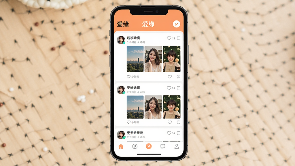 一张社交软件动态广场页面展示图,画面为手机屏幕上的“爱缘”动态列表,布局为顶部发布按钮、中间多条动态卡片、底部导航栏,排版为垂直流式布局,风格温暖清新,细节包括用户头像、发布时间、图片缩略图、点赞和评论图标,画质高清,画面干净,无多余元素