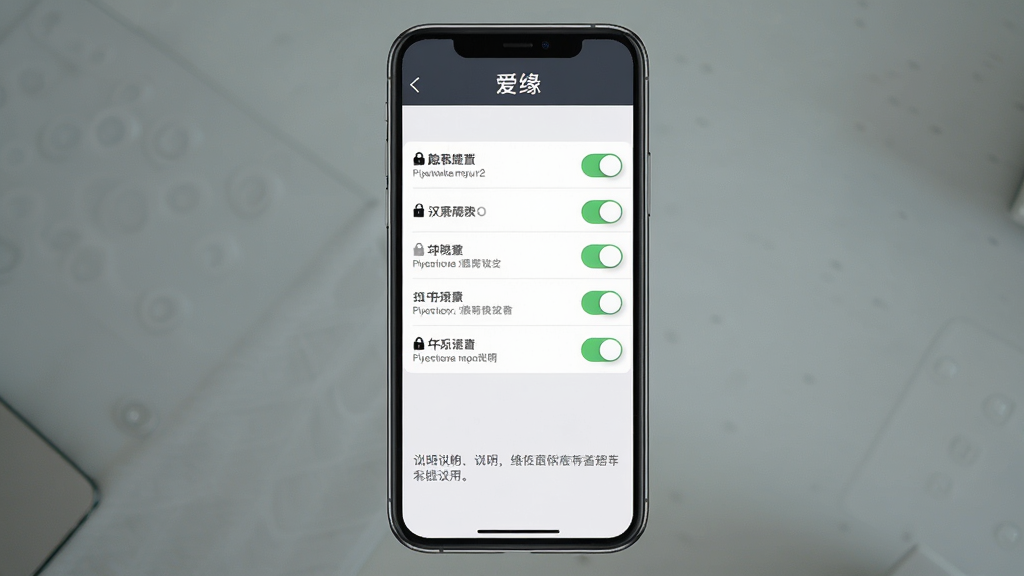 一张“爱缘”隐私设置页面展示图,画面为手机屏幕上的设置界面,布局为顶部标题、中间多个设置选项开关、底部说明文字,排版整齐,风格简约商务,细节包括开关按钮、锁形图标、权限说明文字,画质高清,画面干净,无多余元素
