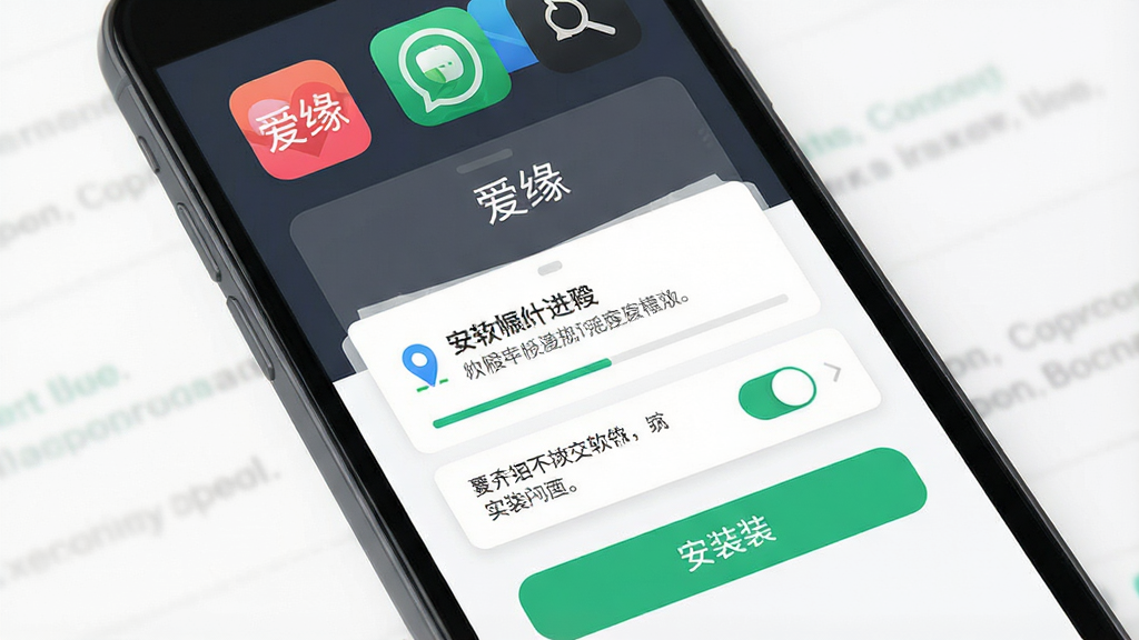 一张手机安装社交软件步骤示意图,画面主体为手机屏幕显示“爱缘”安装界面,布局为顶部应用图标、中间权限提示、底部安装按钮,排版简洁,风格扁平化,细节包括安装进度条、权限开关和提示文字,画质高清,画面干净,无多余元素