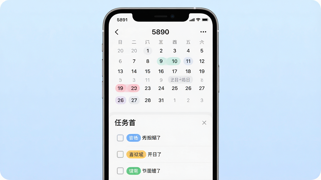 一张5890应用内日程管理界面的手机展示图,主体为手机屏幕显示日历视图和待办列表,布局为上方日历下方任务列表,排版清晰,风格为柔和圆角设计,细节上任务条带有颜色标签,背景为浅蓝色渐变,画质清晰,干净,无多余元素