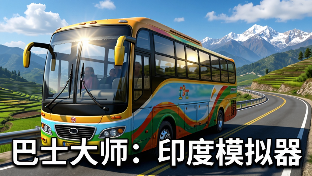 一辆色彩鲜艳的印度风格长途巴士行驶在蜿蜒的盘山公路上,背景是印度乡村的绿色梯田与远处雪山,天空湛蓝飘着白云,巴士车身细节清晰,车窗反射阳光,画面采用写实3D游戏风格,构图以巴士为主体居中偏左,右侧展现道路延伸感,整体色调明亮干净,画质高清无多余元素,图片中央用白色粗体字写着
