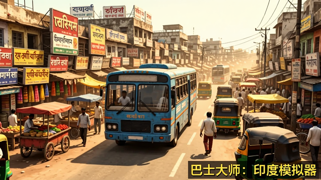 印度繁忙的城市街道场景,一辆蓝色巴士正缓慢通过拥挤的集市,周围有小贩推车、突突车和行人,路边有色彩斑斓的招牌和广告牌,阳光强烈,地面有尘土感,采用第三人称视角,画面风格写实且带轻微暖色调,构图饱满但不杂乱,画质清晰,图片右下角用黄色字体标注