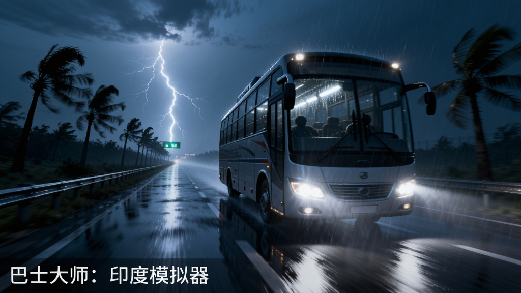 夜间印度高速公路场景,一辆巴士开着大灯行驶在雨中,路面湿滑反光,远处有闪电划过夜空,路边树木被风吹斜,画面以冷色调为主,车灯光束穿透雨幕,构图突出巴士动态感,画质高清有电影感,图片左下角用白色字体标注