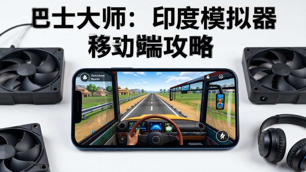 一部智能手机横屏显示巴士驾驶游戏画面,屏幕中巴士行驶在印度公路上,手机周围有散热风扇和耳机等配件,背景是简洁的桌面,画面风格清新明亮,构图以手机为中心,画质高清,图片上方用黑色字体标注