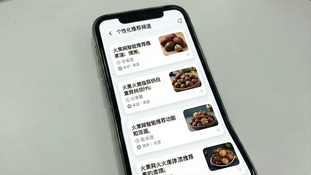 一张展示火栗网智能推荐功能的界面截图风格图片,画面主体是手机屏幕,屏幕内显示个性化推荐频道,卡片式布局排列着不同来源的财经文章,每张卡片带有标题、来源标识和缩略图,布局为纵向信息流,排版整齐有序,风格为清爽浅色系UI设计,细节上卡片有轻微圆角和阴影效果,背景为白色,画质高清,干净,无多余元素