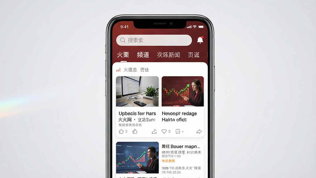 一张手机屏幕正面展示火栗网应用主界面的预览图,画面中央是手机竖屏模型,屏幕内显示火栗网资讯信息流页面,上方有搜索栏和频道分类标签,下方是图文混排的财经新闻卡片列表,整体布局简洁清晰,排版规整,风格为现代简约科技感,细节上手机边框有轻微光影反射,背景为浅灰色渐变,画质高清,干净,无多余元素