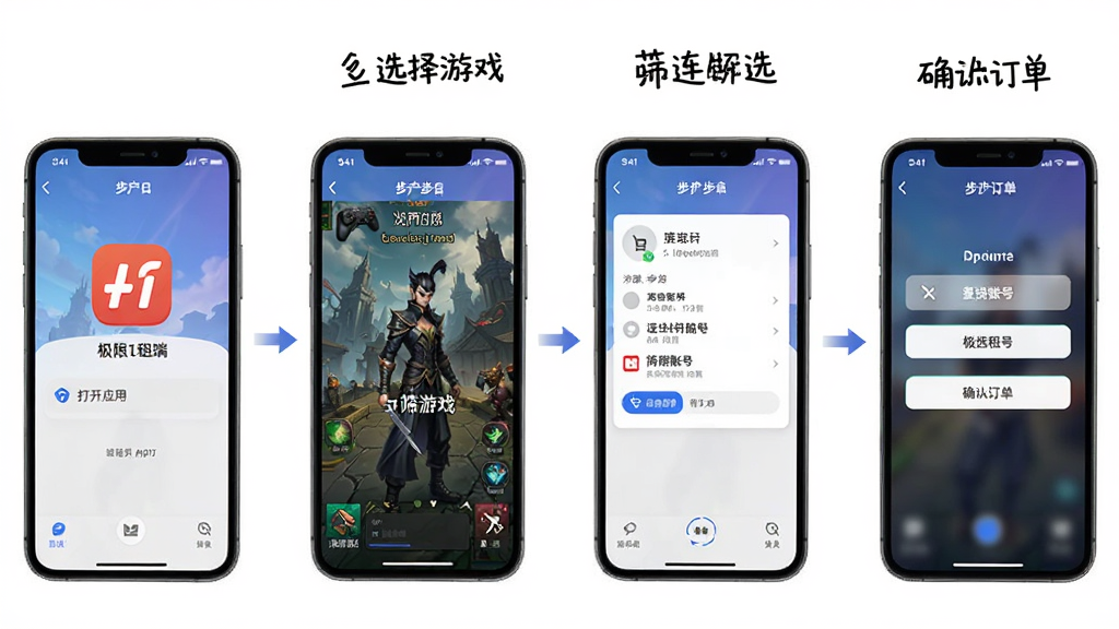 一张展示极限租号手机端操作流程的示意图,画面从左到右依次为打开应用、选择游戏、筛选账号、确认订单四个步骤,每个步骤用手机屏幕截图表示,整体风格简洁明快,背景为白色,细节清晰,画质干净,无多余元素