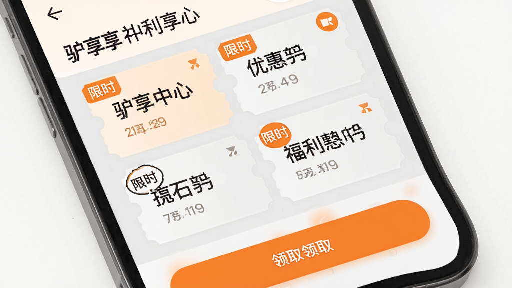手机屏幕显示“驴享享”福利中心界面,多张优惠券卡片整齐排列,部分卡片带有“限时”标签,底部有领取按钮,橙色与浅灰配色,圆角卡片设计,画面干净,高清画质,无多余元素