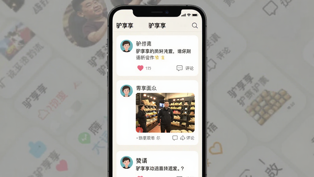 手机界面展示“驴享享”社区动态流,用户头像、文字点评和商家图片依次排列,点赞和评论图标清晰可见,浅色背景,卡片式布局,扁平化设计,画质干净,无多余元素