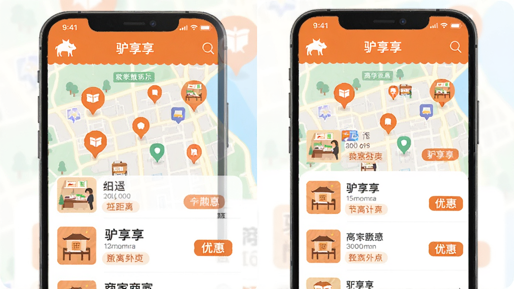 手机界面展示“驴享享”商家聚合页面,地图上标注多个店铺图标,下方列表显示商家名称、距离和优惠标签,橙色主题色,布局清晰,扁平插画风格,细节精致,画质干净,无多余元素