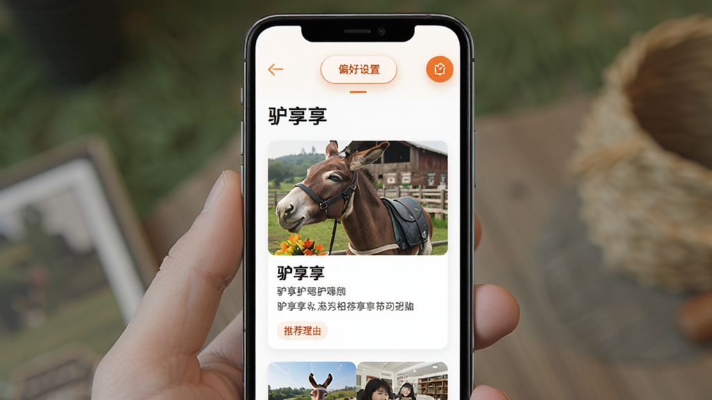 手机屏幕显示“驴享享”推荐页面,信息流卡片包含商家图片、标题和推荐理由,顶部有偏好设置入口,橙色点缀,布局疏朗,扁平风格,高清画质,无多余元素