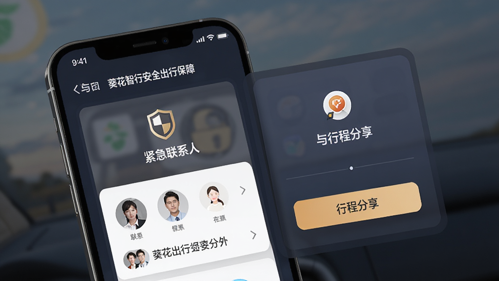 一张展示葵花智行安全出行保障功能的界面图,画面主体为手机屏幕显示紧急联系人设置页面与行程分享按钮,布局为卡片式排列,风格稳重安心,细节包括盾牌图标、联系人头像、分享链接,画质高清,干净,无多余元素