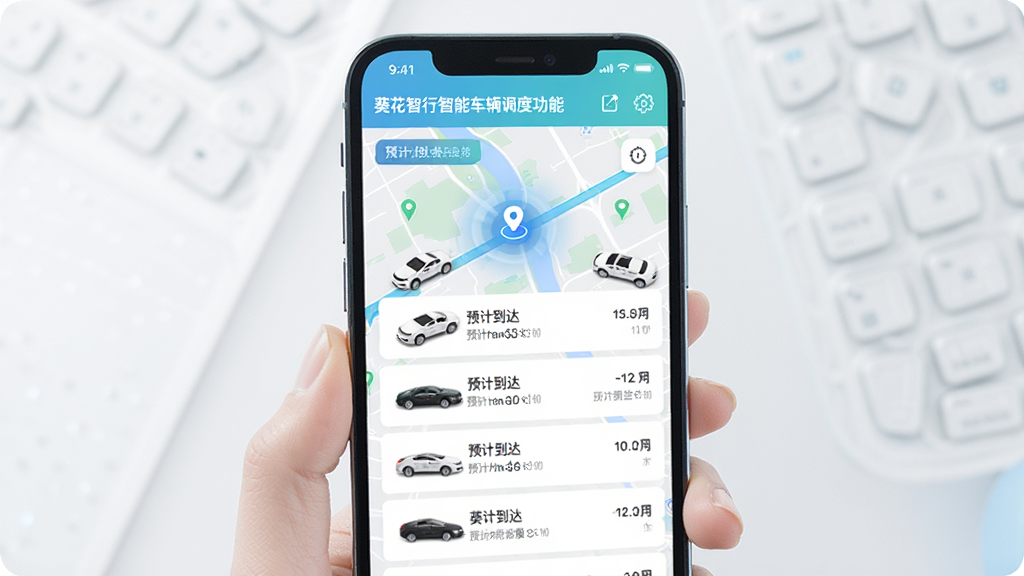 一张展示葵花智行智能车辆调度功能的界面图,画面主体为手机屏幕显示地图上多个车辆图标按距离排序,布局为纵向排列的手机界面,风格科技感与清新感结合,细节包括定位光标、车辆列表、预计到达时间,画质高清,干净,无多余元素