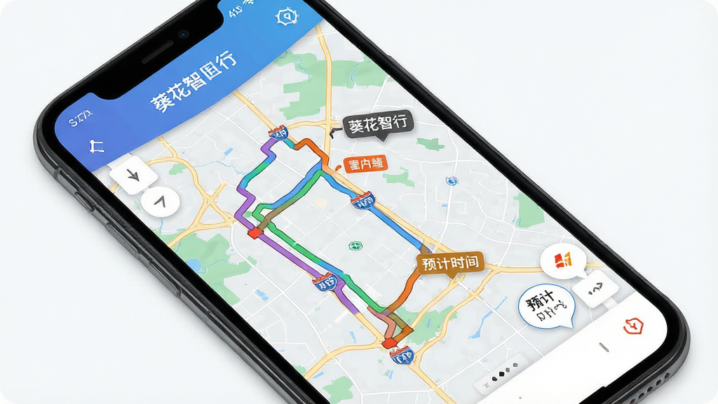 一张展示葵花智行实时路线规划功能的界面图,画面主体为手机屏幕显示地图上多条彩色路线对比,布局为全屏地图模式,风格现代简洁,细节包括路线颜色区分、拥堵路段标注、预计时间气泡,画质高清,干净,无多余元素