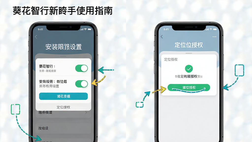 一张展示葵花智行新手使用指南的示意图,画面主体为手机屏幕显示安装权限设置与定位授权界面,布局为左右分栏对比图,风格教程说明风格,细节包括权限开关、提示文字、箭头指引,画质高清,干净,无多余元素