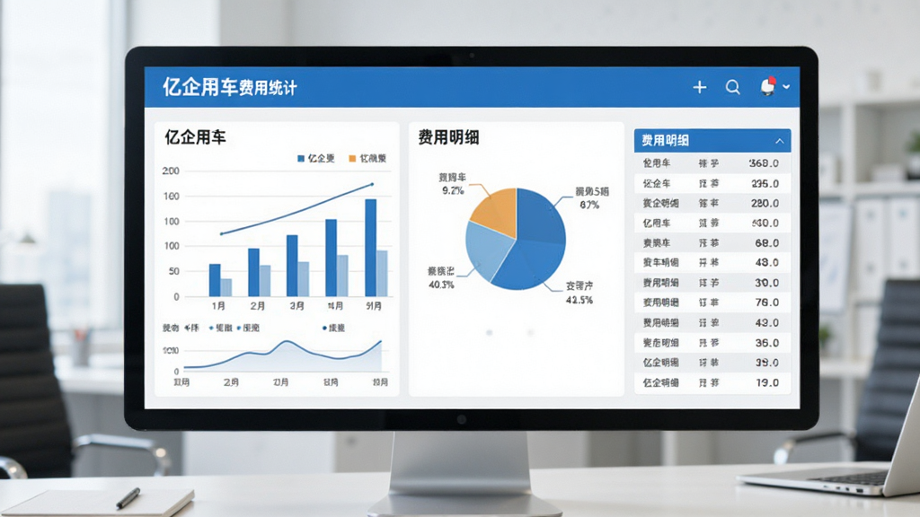 画面展示一个数据分析仪表盘,屏幕上显示“亿企用车”费用统计界面,包含柱状图、饼图、费用明细列表等元素,背景为简洁的办公桌面,风格商务专业,色调以蓝白灰为主,细节清晰,画质高清,干净无多余元素