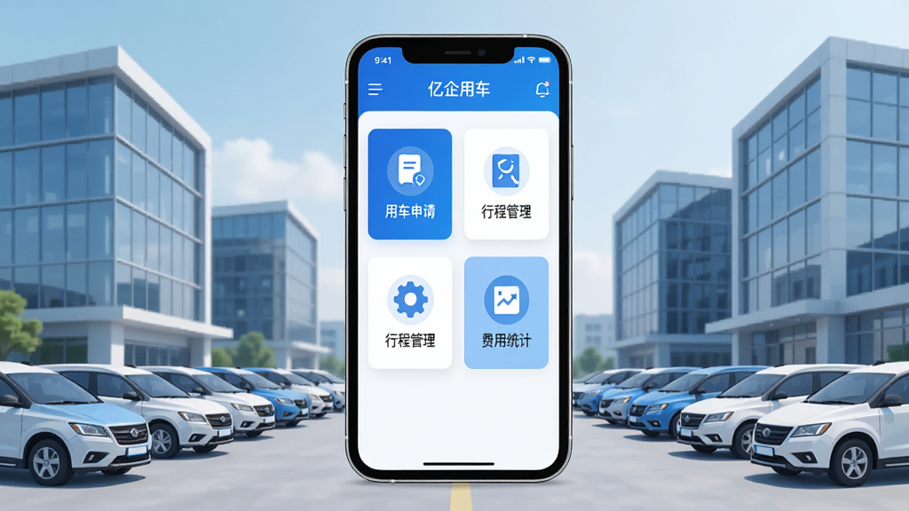 画面中央展示一部智能手机,手机屏幕上显示“亿企用车”APP的主界面,界面包含用车申请、行程管理、费用统计等功能模块图标,背景为现代化的企业办公大楼和整齐的车队,整体布局简洁大气,采用扁平化设计风格,色调以蓝色和白色为主,细节清晰,画质高清,干净无多余元素