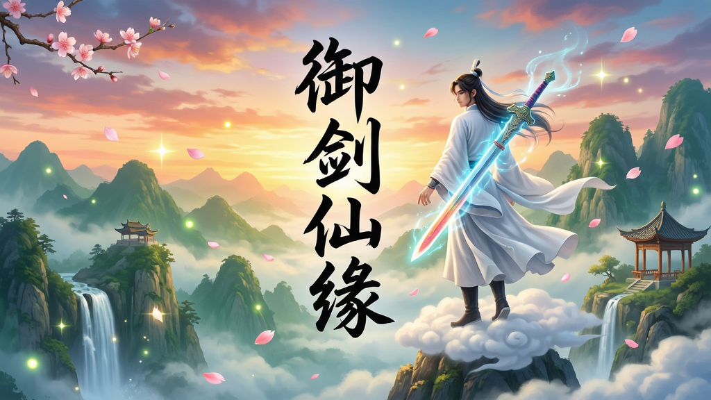 一幅唯美的东方仙侠场景,主体是一位身着飘逸白色道袍的年轻剑仙,背负一柄流光溢彩的飞剑,脚踏云雾悬浮于群山之巅,背景是层峦叠嶂的青山与绚丽的晚霞,画面中央以飘逸的书法字体书写“御剑仙缘”四个大字,整体布局为竖版海报风格,风格为唯美国风仙侠插画,细节包括飘落的花瓣、闪烁的灵光、远处的飞瀑与古亭,画质高清,干净通透,无多余杂乱元素。