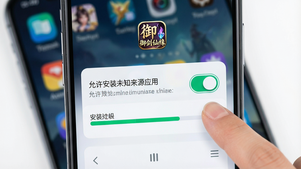 一幅展示手机游戏安装设置的示意图,主体是一部智能手机屏幕显示“允许安装未知来源应用”的开关界面,旁边有“御剑仙缘”游戏图标和安装进度条,布局为居中特写,风格为简洁科技风,细节包括手指点击开关的动作、背景虚化的手机桌面、清晰的UI元素,画质高清,干净整洁,无多余元素。