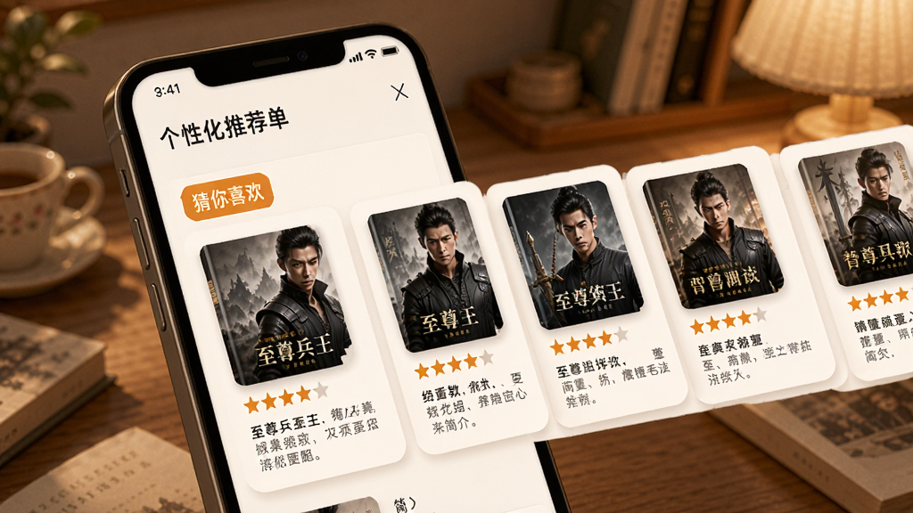 至尊兵王智能推荐页面,主体为手机屏幕展示个性化推荐书单,布局为横向滑动卡片式,排版错落有致,风格为温暖阅读氛围,细节包括