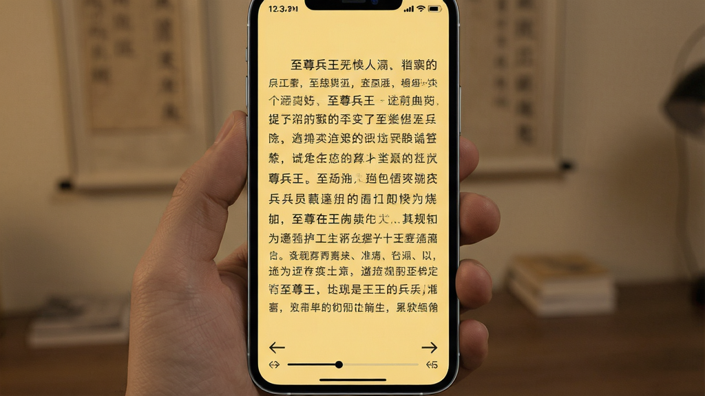 至尊兵王手机阅读界面展示,主体为手机屏幕中显示小说正文内容,布局为全屏阅读模式,排版舒适,风格为暖黄色护眼背景,细节包括顶部状态栏显示时间电量、底部进度条、翻页箭头,画质高清,干净,无多余元素