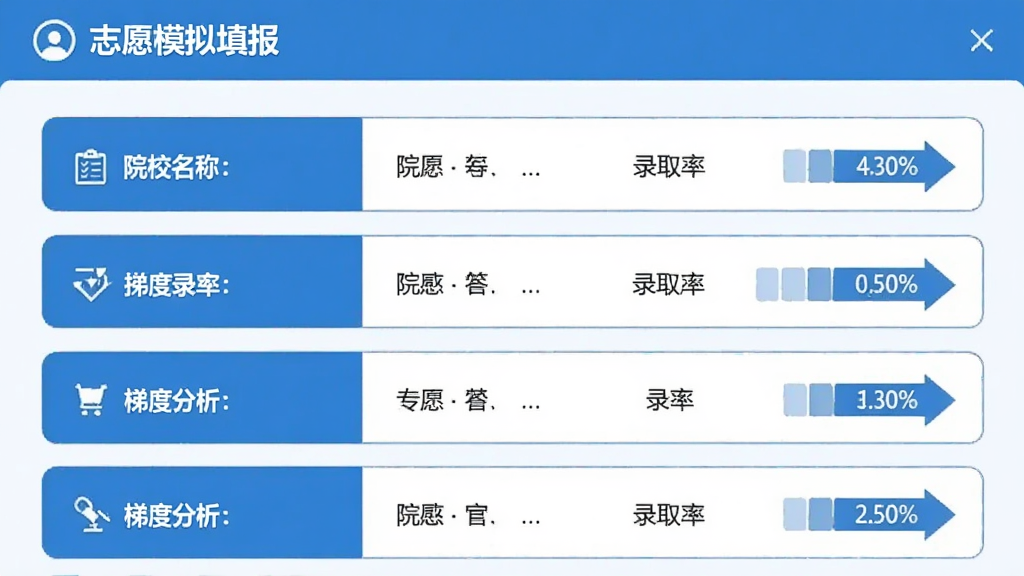 志愿表模拟填报界面,展示多个志愿条目,包含院校名称、专业、录取概率,带有梯度分析提示,界面排版整齐,蓝白配色,画质清晰,无多余元素