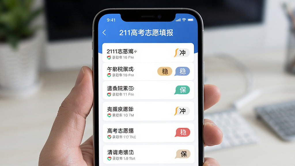 手机屏幕中展示“211高考志愿填报”的智能院校匹配界面,列表展示多所大学名称与录取概率,包含“冲”“稳”“保”标签,蓝色主题,干净清爽的UI设计,高清画质,无杂乱元素