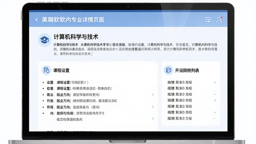 软件内专业详情页面,展示“计算机科学与技术”专业的介绍,包含课程设置、就业方向、开设院校列表,界面排版清晰,浅色背景,文字与图标搭配合理,画质细腻,无多余装饰