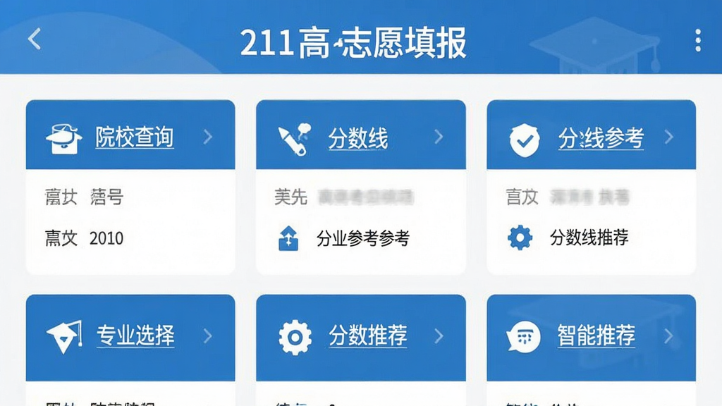 软件主界面全貌展示,标题“211高考志愿填报”,包含院校查询、专业选择、分数线参考、智能推荐等核心功能模块布局,手机屏幕界面排版整洁,蓝白配色,扁平化设计风格,细节清晰,画质干净,无多余元素