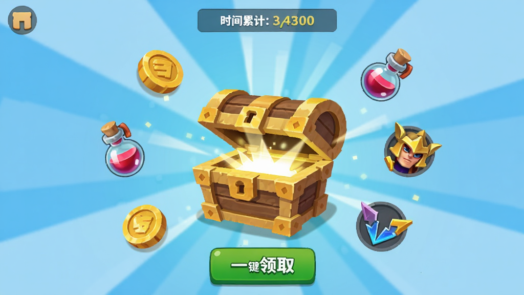 放置挂机收益结算界面插画,画面中央是宝箱开启特效,周围漂浮金币、经验药水与英雄碎片图标,布局为居中放射状,风格为休闲游戏UI,细节包含时间累计显示与一键领取按钮,画质清爽,干净,无多余元素