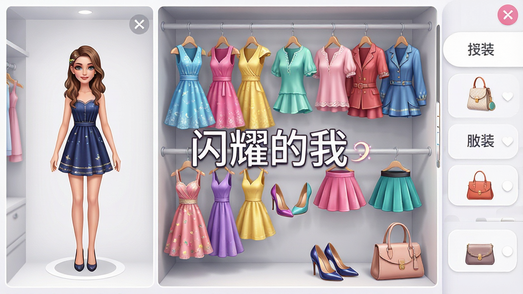 一款换装游戏服装搭配界面截图风格的概念图,画面中展示一个虚拟衣柜,里面挂满了各种颜色和款式的连衣裙、上衣、短裙、高跟鞋和手提包,左侧是人物角色试穿效果预览,右侧是服饰分类标签,画面中央用文字标注