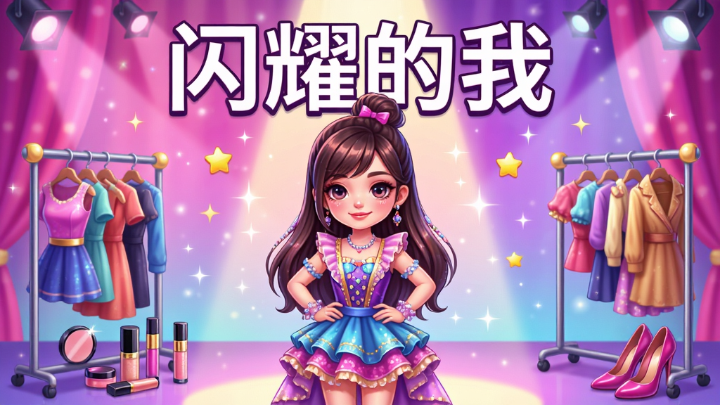 一款手机换装养成游戏的宣传主图,画面中央是一位穿着华丽舞台服装的年轻女孩站在聚光灯下,周围环绕着衣架、化妆品、高跟鞋和闪耀的星星光点,背景是梦幻的粉紫色渐变舞台,画面上方用大字写着