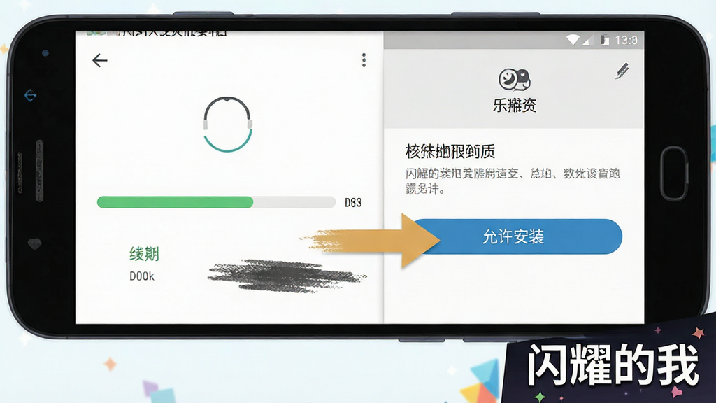 一款手机游戏安装教程示意图,画面中展示一部安卓手机屏幕,屏幕上显示安装进度条和权限设置界面,旁边有箭头标注