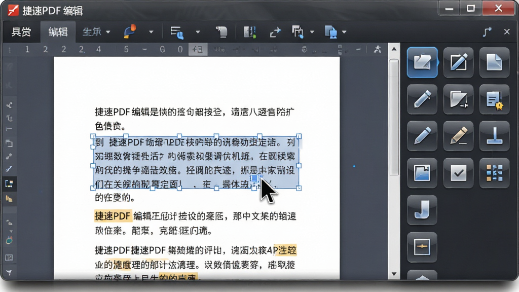 һ��չʾ����PDF�༭�����߱༭���ܵĽ�����дͼ����������Ϊ�������ڣ�������PDF�ĵ����������ڱ����ѡ�в��޸ģ��Ҳ๤������ʾ���ֱ༭ͼ�꣬���ֲ�����Ļ��ͼʽ�Ű棬���Ϊ�Ƽ���UIдʵ�磬ϸ�ڰ�������������ѡ�и���Ч����������ͼ�귴���ʸС�������Ӱ��Σ����������ɾ����޶���Ԫ��