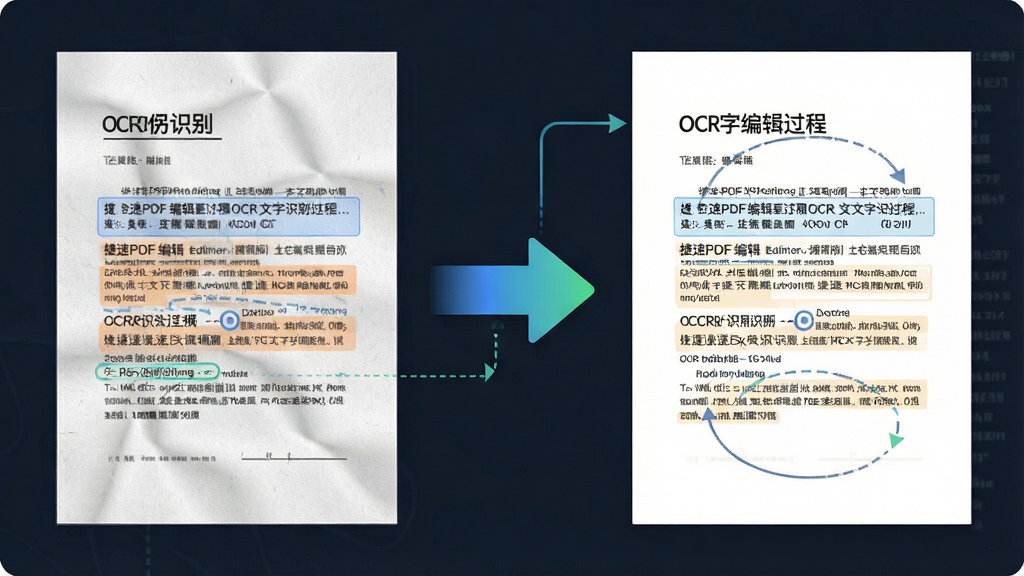 һ��չʾ����PDF�༭������OCR����ʶ����̵�ʾ��ͼ�����������һ��ɨ���ֽ���ĵ�ͼƬ���Ҳ���ʶ������ɵĿɱ༭�������ݣ��м��м�ͷ���ӱ�ʾת�����̣����ֲ������ҶԱ�ʽ�Ű棬���Ϊ�����Ϣͼ�磬ϸ�ڰ���ֽ�����������ָ�����ת����ͷ����Ч�������������ɾ����޶���Ԫ��