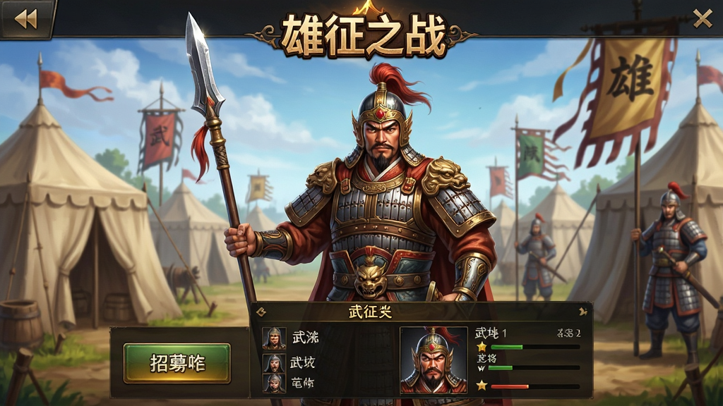一张手机游戏界面截图风格的图片,画面展示“雄征之战”游戏中的武将招募界面。画面中央是一个古代武将形象,身披铠甲,手持长枪,背景是军营帐篷和战旗。界面布局上方显示“雄征之战”游戏Logo,下方有招募按钮和武将属性面板。风格为写实游戏UI风格,细节精致,色彩饱满,画质高清,干净整洁,无多余元素。