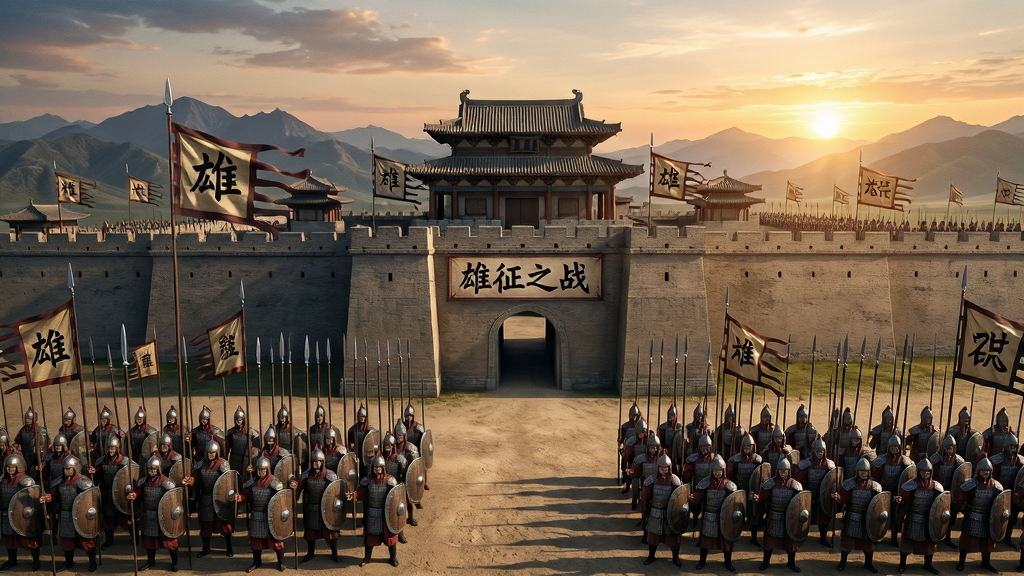 一幅古代战争场景的宏大画面,画面中央是一座雄伟的城池,城墙高耸,旌旗飘扬,城墙上写着“雄征之战”四个大字。城外是整齐的军队方阵,士兵手持长矛与盾牌,远处有连绵的山脉和夕阳余晖。画面布局采用远景俯视视角,主体城池居中,军队分列两侧,排版层次分明。风格为写实中国古代战争题材,细节丰富,盔甲纹理清晰,旗帜飘动自然,画质高清,画面干净,无多余元素。