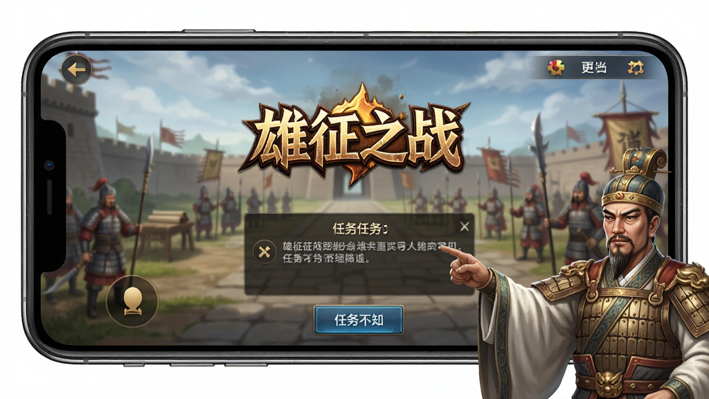 一张展示“雄征之战”游戏新手引导界面的图片,画面中手机屏幕显示游戏主界面,有“雄征之战”Logo,界面下方有任务提示和按钮,画面角落有一位古代军师形象在指点。布局为手机竖屏截图风格,排版清晰,风格为写实游戏UI,细节丰富,画质高清,干净无多余元素。