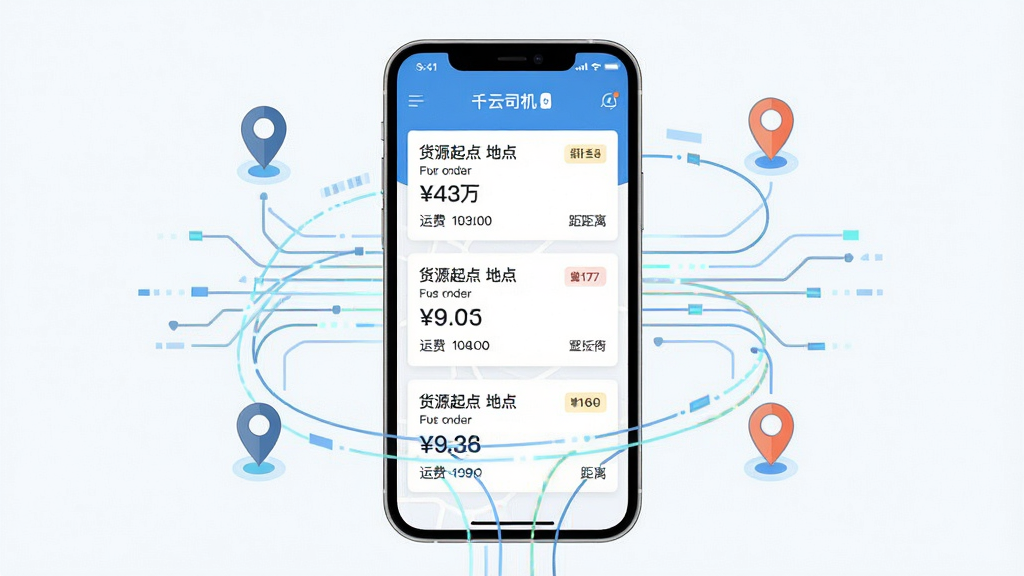 一张展示千云司机端智能订单匹配功能的图片,画面中央是手机屏幕,屏幕上显示多个订单卡片按匹配度排列,每张卡片有货源起点终点、运费金额和距离信息,手机周围环绕着数据流线条和定位图标,布局采用居中构图,风格为扁平化科技风格,细节包含订单卡片、地图定位针、数据连接线,画质高清,干净,无多余元素