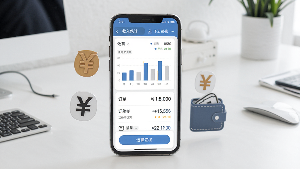 一张展示千云司机端运费结算功能的图片,画面中央是手机屏幕显示收入统计图表和订单结算列表,屏幕旁边有人民币符号和钱包图标,背景是简洁的办公桌面,布局采用左右构图,风格为简约商务风格,细节包含柱状图、数字金额、结算按钮,画质高清,干净,无多余元素